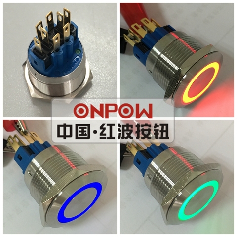 ONPOW 22mm momentáneo anillo LED RGB tricolor interruptor de botón de acero inoxidable LED (GQ22-11E/RGB/12 V/S/Nuevo) CE, ROHS ► Foto 1/2