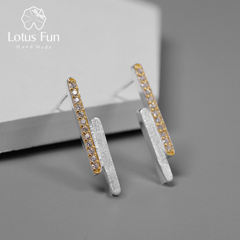 Lotus Fun Real 925 Plata de ley hecha a mano diseñador fina joyería creativa minimalista líneas paralelas pendientes para las mujeres ► Foto 1/6