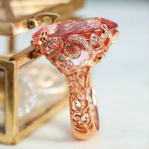 Huitan-anillo de compromiso vintage romántico, Piedra Rosa, Color oro rosa, joya de lujo con patrón grabado de mediados de siglo, venta al por mayor ► Foto 1/5