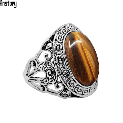 Anillos ovalados de ojo de tigre para mujer, anillo de flor de roca Natural, joyería de moda plateada TR747 ► Foto 1/6