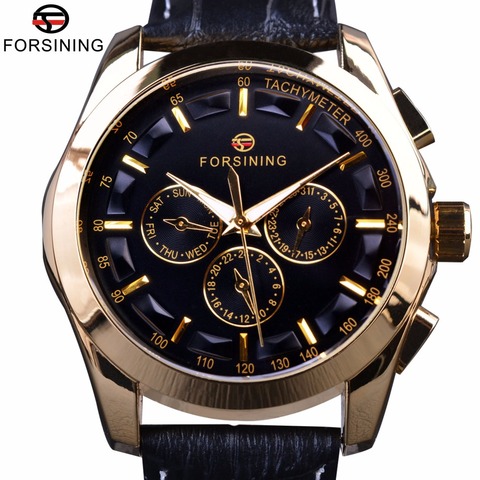 Forsining-relojes mecánicos automáticos para hombre, de diseño Retro de moda, tres Dial, decoración de cuero genuino dorado, de marca de lujo, 2017 ► Foto 1/6