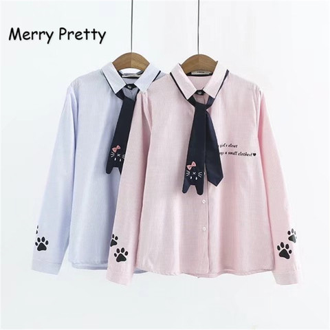 Feliz bonita primavera mujer camisa estilo Preppy Linda corbata gato letra bordado Vertical rayas Blusa de manga larga Mujer ► Foto 1/6