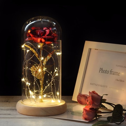 Rosa Roja de La Bella y La Bestia, flor en recipiente de cristal, Base de madera para decorar, regalos de San Valentín, lámparas LED rosa de Navidad ► Foto 1/6