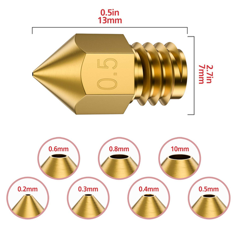 Piezas de impresoras 3D MK7 MK8 boquilla 0,4mm 0,3mm 0,2mm 0,5mm extrusora de cobre roscado 1,75mm 3,0 parte de la boquillas de latón de la cabeza del filamento mm ► Foto 1/6
