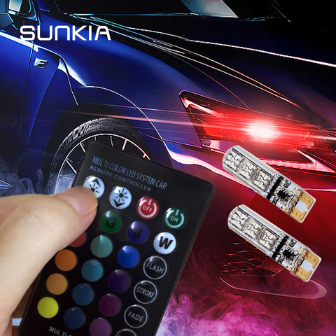 SUNKIA-luces LED de coche T10 W5W RGB con mando a distancia, lámpara estroboscópica de lectura, 12V, 2 unidades ► Foto 1/6