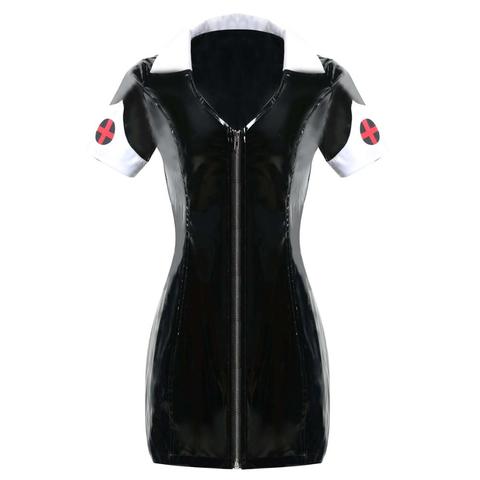 Mini vestido Sexy exótico de vinilo de cuero de PVC para mujer, negro, aspecto húmedo, funda cruzada de enfermera con cremallera, vestidos por encima de la rodilla ► Foto 1/1