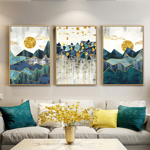 Nórdicos geométrico abstracto paisaje de montaña de la pared Lona de arte pintura Sol de oro arte de la pared, foto para la habitación ► Foto 1/6