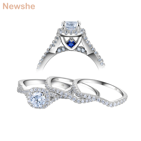 Newshe-Conjunto de anillos de boda para mujer, 3 uds., Plata sólida 925, 1,3 Ct, AAA, CZ, anillo de compromiso de cristal azul, joyería ► Foto 1/6