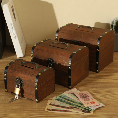 Alcancía de madera para niños, caja fuerte de ahorro, hecho a mano tallado de madera, Vintage, Retro, estuche de almacenamiento de monedas, regalos de alta calidad, 1 ud. ► Foto 1/5