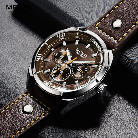 MEGIR-relojes de cuarzo impermeables para hombre, reloj masculino de pulsera analógico, informal, con calendario luminoso, semana 24 horas, marrón, 2072GBN-10 ► Foto 1/6