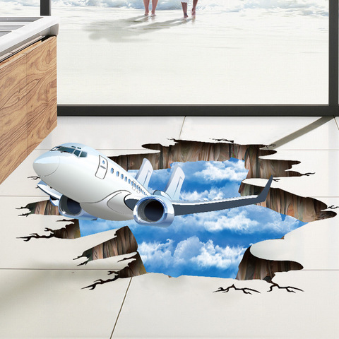 Pegatina de pared rota para decoración del hogar, calcomanías 3D de avión de cielo azul para sala de estar y baño, pegatinas para suelo roto ► Foto 1/6