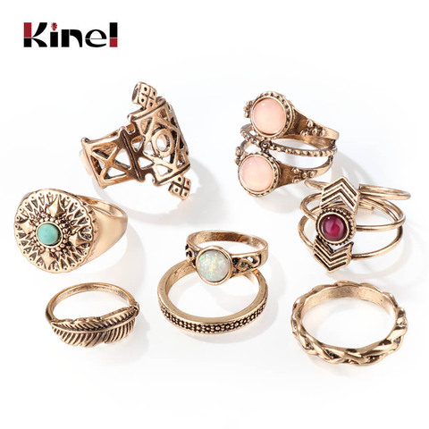 Kinel New Arrivals 8 unids/set ópalo Midi anillo para mujer antiguo oro playa dedo nudillo anillos Vintage joyería tamaño mixto ► Foto 1/6