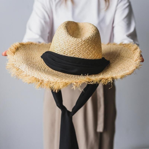 Sombreros de Sol de rafia 100% tejido a mano para mujer, sombrero de paja con lazo, ala grande, para playa y aire libre, color negro, para verano ► Foto 1/6