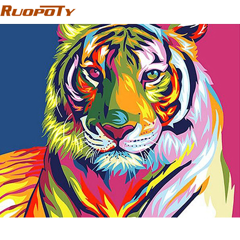 RUOPOTY-Cuadro de tigre colorido artesanal, pintura por números de animales, caligrafía, arte de pared moderno, lienzo para decoración del hogar ► Foto 1/6