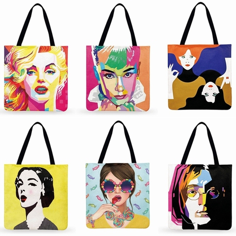 Americano estampado de Pop Art bolsa para mujeres Monroe y Hepburn Casual bolso de compras plegable de bolsa de tela al aire libre bolsa de playa ► Foto 1/6