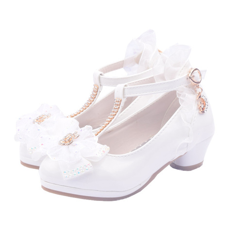 Zapatos de moda para niñas con flores y diamantes, calzado de cuero y boda para fiesta, zapatos escolares de tacón alto para baile ► Foto 1/6