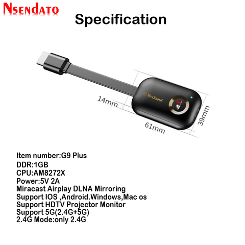 Mirascreen G9 Plus 2,4G/5G 4K Miracast Wifi para DLNA AirPlay HD TV Stick receptor de llave electrónica con pantalla y Wifi para IOS, Android y windows ► Foto 1/6