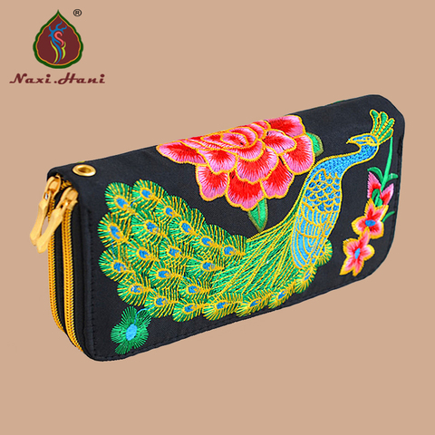 Cartera larga con bordado de pavo real y cremallera para mujer, monedero de lona retro informal, bolso de mano para teléfono ► Foto 1/1