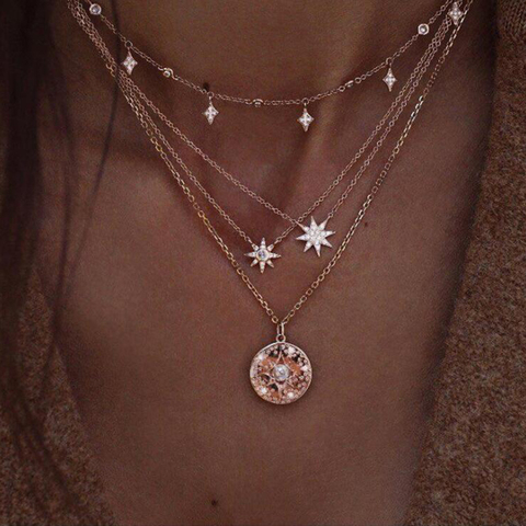Vintage de cristal Starlight multicapa las mujeres, Collar bohemio perla moneda redonda colgante de estrella Collar de joyería de regalo ► Foto 1/6