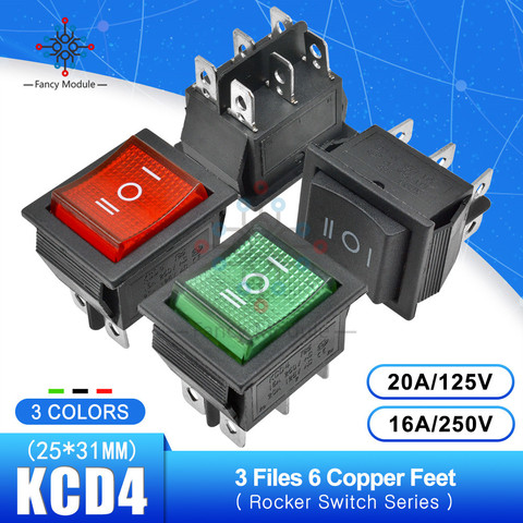 KCD4-interruptor basculante de 3 posiciones, interruptor de encendido/apagado con luz 16A 250V 30A 125V, 25x31mm, 6 pines ► Foto 1/6