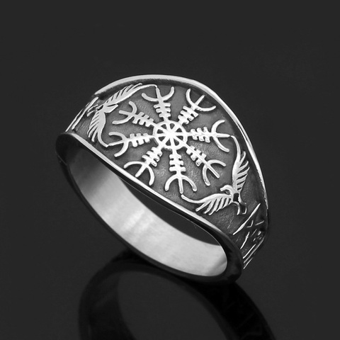 Anillo de acero inoxidable nórdico con símbolo de odin, Runa Vegvisir, con Valknut, bolsa de regalo ► Foto 1/6