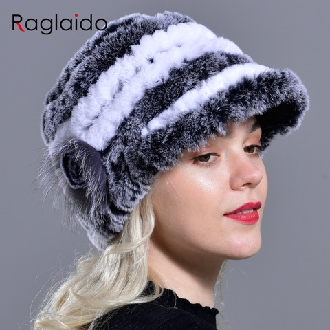 Raglaido-gorro de pelo de conejo para mujer, gorros de invierno con estampado Floral de pelo Real Rex, elástico, cálido, LQ11205 ► Foto 1/5