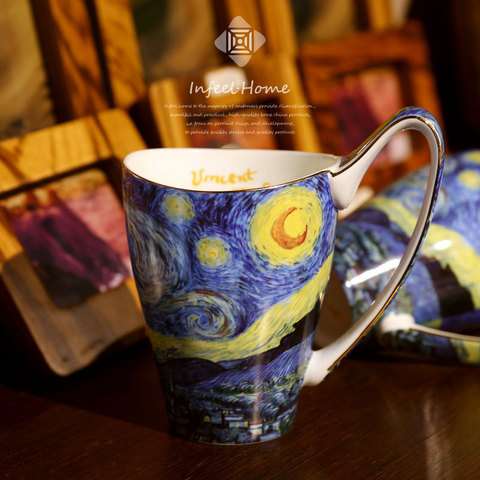Noche Estrellada de Van Gogh Retro hueso China taza de oro taza de café taza de leche dorado taza de porcelana Taza de cerámica ► Foto 1/5