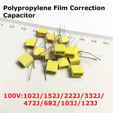 Condensador de película de polipropileno, 100 V, 102J100, 152J100, 222J100, 332J100, 472J100, 682J100, 103J100, 123J100 v, 1,5/2,2/3,3/4,7/NF, 20 Uds. ► Foto 1/1