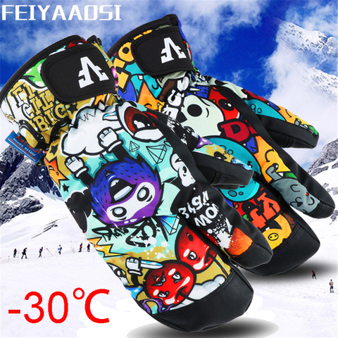 Guantes de esquí de Snowboard profesionales de 3 dedos resistentes al agua-30 manoplas térmicas de invierno a prueba de viento esquí snowmobile pantalla táctil cuerda ► Foto 1/6