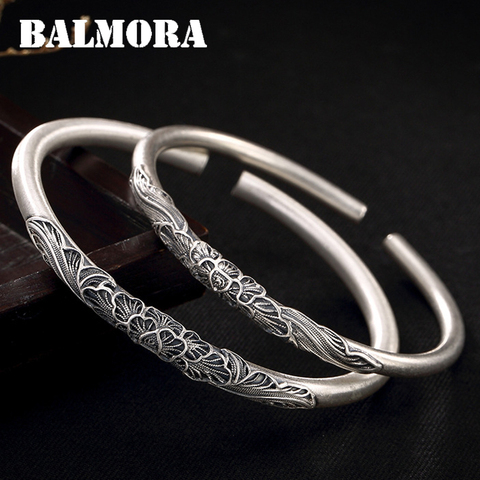 BALMORA-pulsera de plata de ley 999 con diseño de peonías, brazalete abierto con diseño de flor mate de 17cm, accesorios de joyería ► Foto 1/6