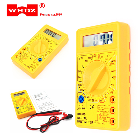 WHDZ DT 830D Mini multímetro Digital con zumbador protección contra sobrecarga voltaje amperios ohmios sonda de prueba DC AC LCD amarillo ► Foto 1/6
