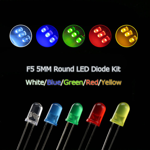 Diodo de luz LED F5 5mm, 5 colores * 20 piezas = 100 unidades, Kit surtido, rojo, verde, amarillo, azul, blanco, kit con luz LED DIY de luz de colores mezclados ► Foto 1/1