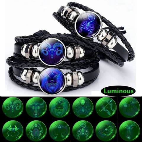 Pulsera luminosa de cuero con signos del zodiaco para hombre y mujer, brazalete con constelación del zodiaco, joyería para el día de cumpleaños ► Foto 1/6