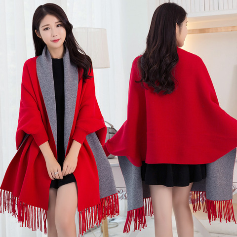 Poncho de Invierno para mujer, con chales y envolturas, Pashmina, bufanda roja gruesa, estolas para mujer, abrigos y capas reversibles cálidos ► Foto 1/6