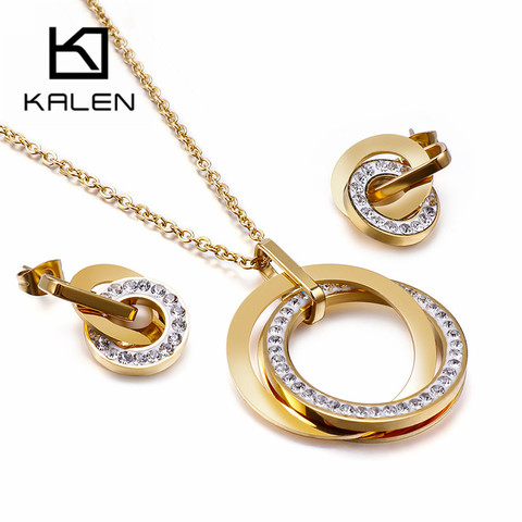 Kalen de acero inoxidable juegos de joyas para mujer tres colgantes redondos collares pendientes conjuntos de moda de las mujeres de Zircon de joyería de la boda ► Foto 1/6