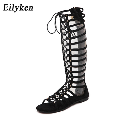 Eilyke-Sandalias de cuero de alta calidad para mujer, zapatos planos de gladiador con tiras y Punta abierta hasta la rodilla, informales, estilo romano ► Foto 1/6