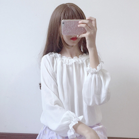 Primavera señoras Lolita blusa nueva japonesa suelta salvaje dulce encaje linterna mangas superior mujeres Harajuku manga larga Camisa de gasa ► Foto 1/5