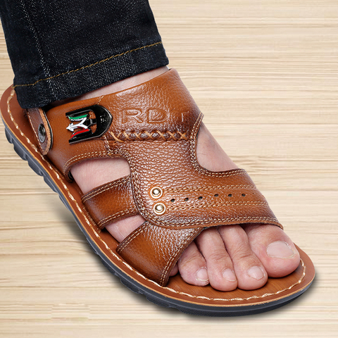 Sandalias de cuero genuino para hombre, zapatos de verano para hombre, sandalias informales para exteriores, zapatos de playa de piel de vaca, sandalias para hombre de dos usos ► Foto 1/6