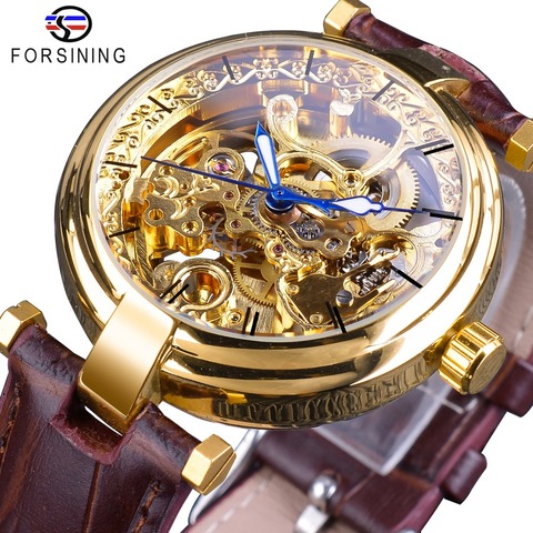 Forsining 2022 relojes de oro moda manos azules para hombre mismo-viento automático relojes Top marca Brown cuero genuino manos luminosas ► Foto 1/6
