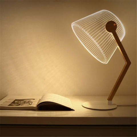 Lámpara LED de escritorio con visión en 3D, efecto estéreo, soporte de madera, pantalla acrílica, luz LED para sala de estar, dormitorio, lámpara de lectura con enchufe USB ► Foto 1/1