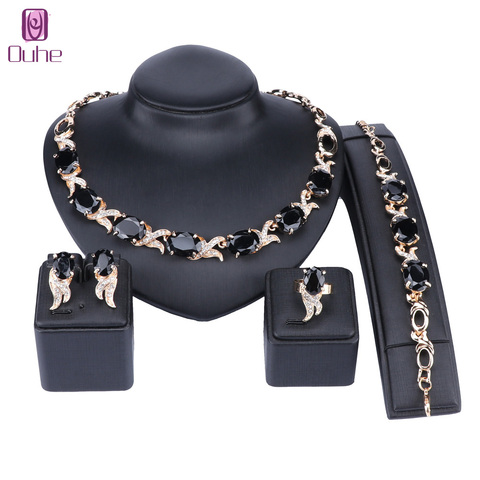 Conjunto de joyas de moda para mujer, Color dorado, negro, cuentas de cristal africanas, collar, pulsera, pendiente, anillo, conjunto de decoración nupcial para fiesta ► Foto 1/6