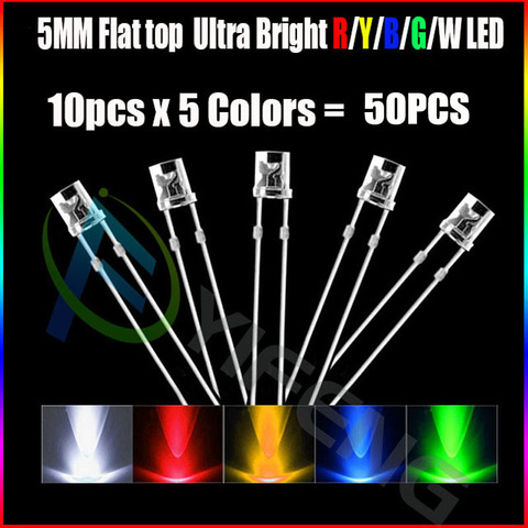 10 piezas x 5 colores = 50 piezas 5mm 2 pines superior plano blanco rojo amarillo azul verde amplia ángulo de diodo emisor de luz de la lámpara LED ► Foto 1/1