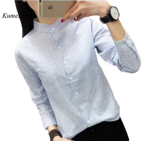 Blusa informal de manga larga para verano y primavera, camisa fina a rayas para oficina, color negro y azul ► Foto 1/6