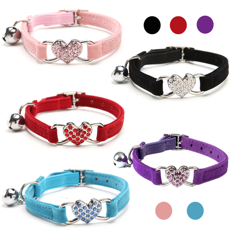 Collar de gato con colgante de corazón y campana elástico ajustable de seguridad con Material de terciopelo suave productos para mascotas en 5 colores collar para perros pequeños ► Foto 1/6