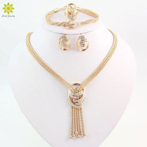 Conjunto de joyería de cuentas de última moda africana para mujer, traje de boda, fiesta, Color dorado, collar de cristal, pulsera pendiente, anillo ► Foto 1/1