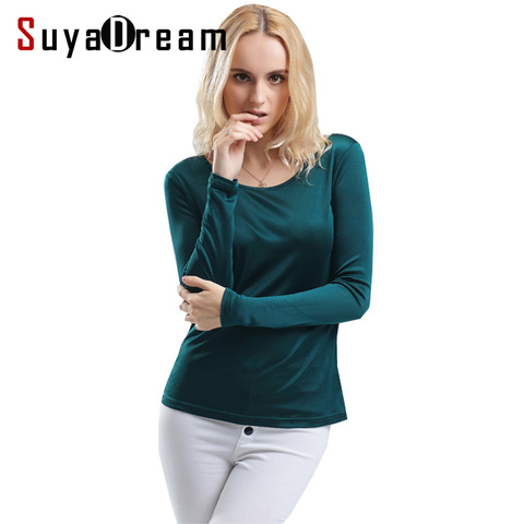 SuyaDream-Camiseta básica de seda Real para mujer, camisa de manga larga con cuello redondo, imprimación de otoño, Top de talla grande de licra, negro y blanco ► Foto 1/6