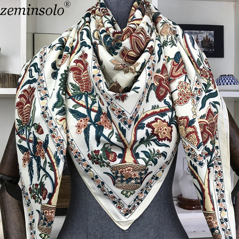 100% seda bufanda mujer Mantones grandes impresión Floral estolas Bandana marca de lujo pañuelo bufandas mujer Foulard 130*130 cm ► Foto 1/6