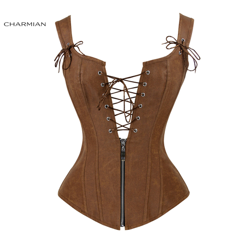 Corsé de cuero de imitación de Charmian Sexy marrón cremallera Steampunk corsé Overbust Lace Up Back chaleco corsé Espartilhos para mujer ► Foto 1/6