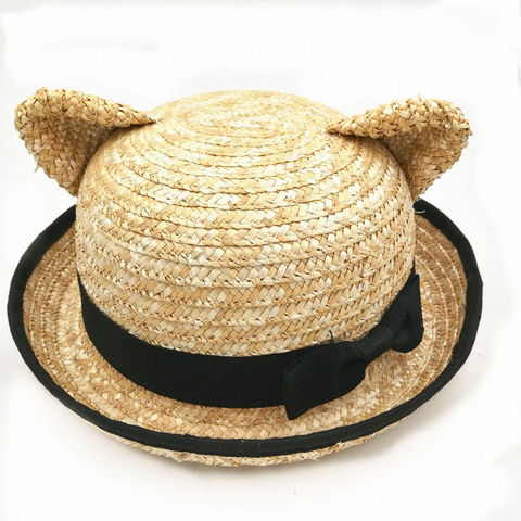 Sombrero de paja Natural hecho a mano con orejas de gato para mujer, gorro de playa liso con lazo, protección UV, novedad de verano ► Foto 1/6