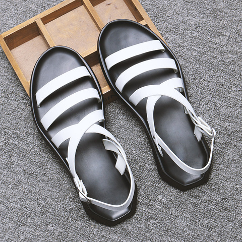 Sandalias planas de cuero para hombre, zapatos suaves y cómodos para la playa, color blanco y negro, para verano, 2022, A1151 ► Foto 1/6